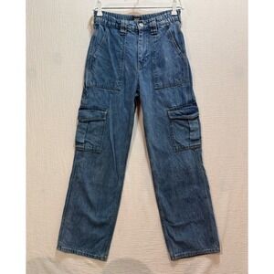 BDG Skate Cargo Jeans Womens W26 L32 Blue Denim Elastic Waist Straight Leg Y2K